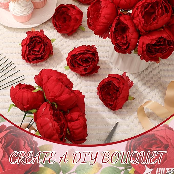 50 Pcs Artificial Peony Flower Bulk 3.5 Inch Silk Peony Flowers Heads with Stems Realistic Fake Roses for DIY Wedding Party Craft Bridal Bouquets Table Centerpieces Vase Home Decor(Red)