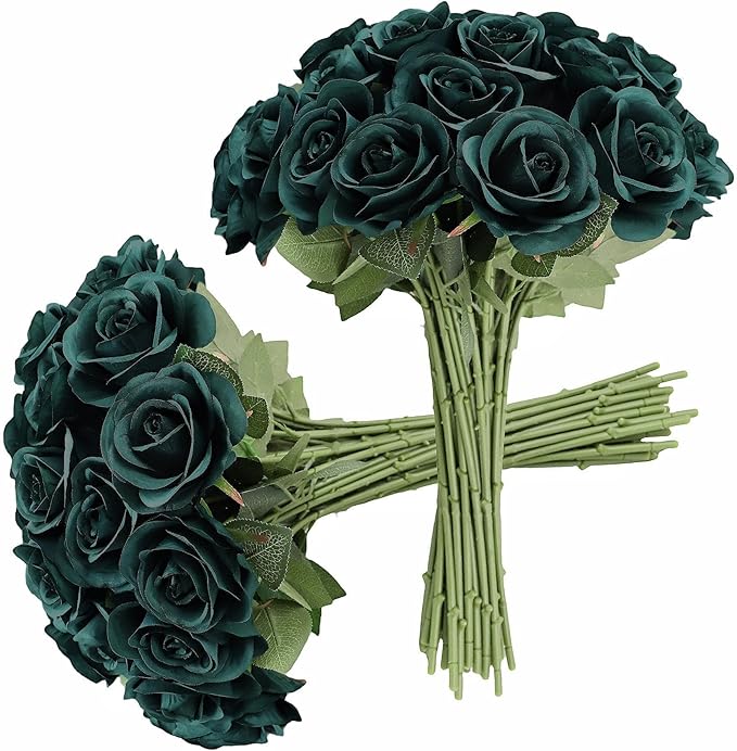30pcs Roses Artificial Flowers Peacock Green Roses Flowers with Long Stems Silk Flowers for Wedding Bouquet Centerpices Decorations Party Bridal Baby Shower Home Décor Fake Roses