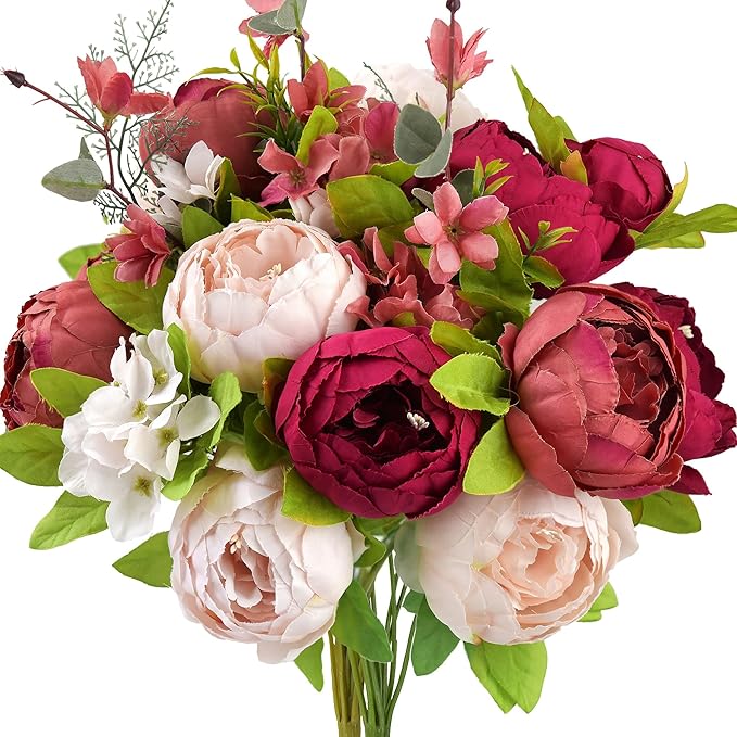 FiveSeasonStuff Burnt Pink and Dusty Pink Vintage Artificial Peonies Silk Flowers and Hydrangeas for Wedding Bridal Home Decor – Beautiful Floral Centerpiece Bouquet (Fireside Romance)