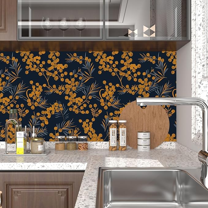Boho Wallpaper Peel and Stick Leaf Wallpaper for Kitchen Vintage Contact Paper 17.5" x 393" Waterproof Vinyl Self Adhesive Dark Floral Wall Paper for Bedroom Walls Cabinet Locker Decor