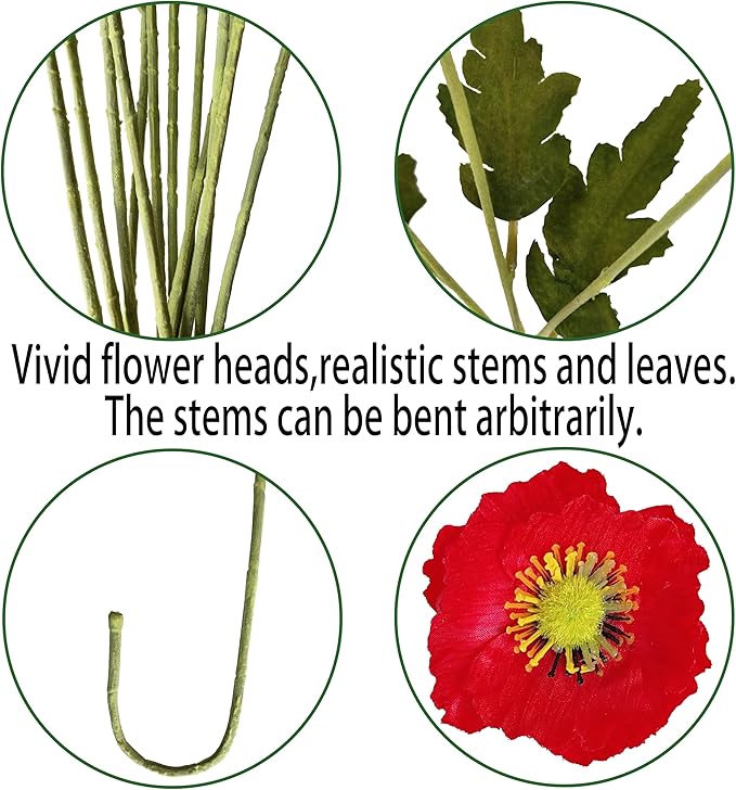 ATFL Red Poppy Flowers Artificial for Wedding Decorations,12 Pcs Fake Faux Silk Poppies Bulk for Home Decor Table Centerpieces Floral Arrangement (23.5‘’, red)