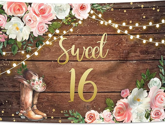 SVBright Sweet 16 Backdrop 7Wx5H Western Cowgirl Happy Birthday Rustic Country Wood Plank Pink White Floral Flower Rose Retro Boots Hat Decorations Photography Background Banner Photo Booth Studio