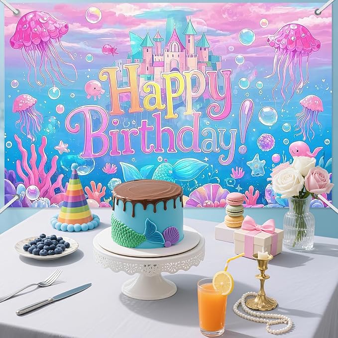 3x5ft Under The Sea Birthday Backdrop, Happy Birthday Decoration Background, Cute Cartoon Mermaid Theme Party Supplies Outdoor Indoor Photo Banner