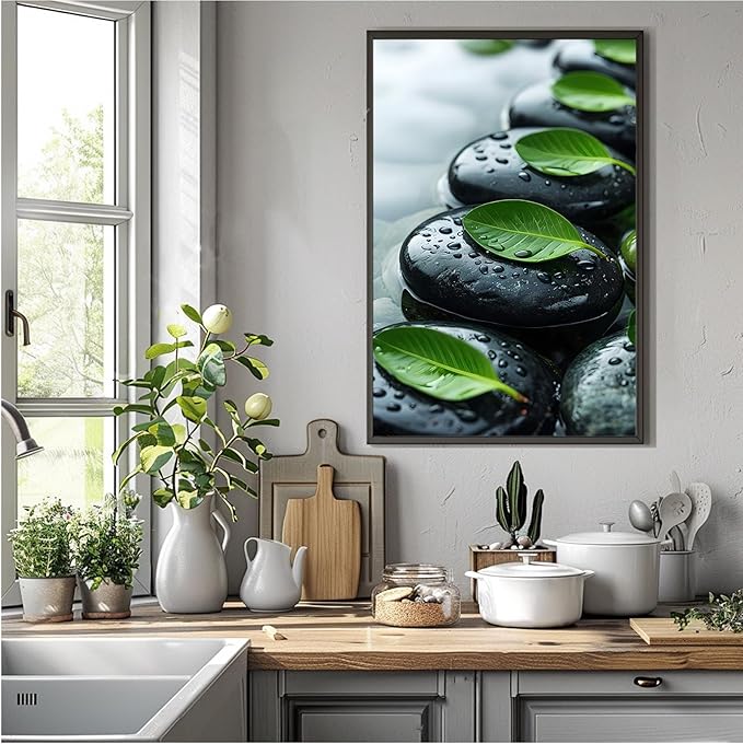 Glittering black stone cluster with fresh green leaves and water drops poster tranquil mist rain wall art zen wall art suitable for modern minimalist home decor 20x30in Metal blackFramed
