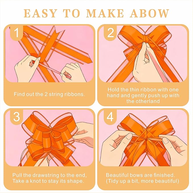 24PCS Orange Pull Bows for Gift Wrapping, 6" Large Pre-Tied Decorative Bows for Christmas, Wedding, Birthday, Party Decorations, Reusable Instant Floral Decors for Gifts, Bouquets, Baskets