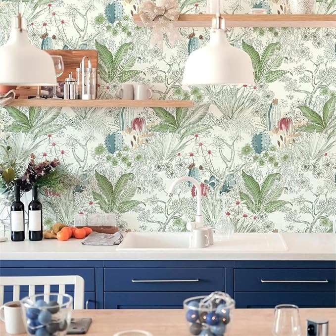 Wudnaye Boho Peel and Stick Wallpaper Catus Wallpaper 17.7" x 196.8"Vintage Floral Wallpapers Peel and Stick Botanical Removable Wall Paper Boho Self Adhesive Contact Paper for Bathroom Cabinets