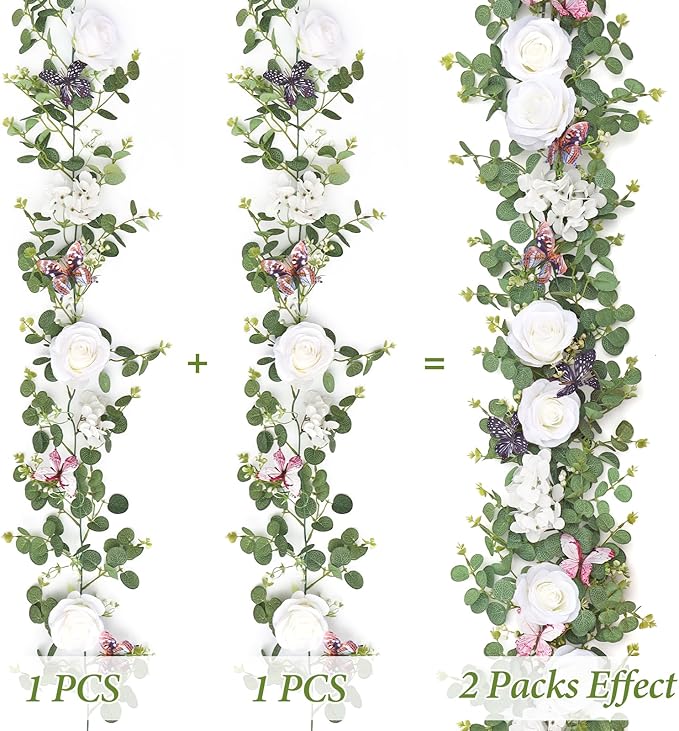 2Pcs 5.9 Ft Artificial Rose Vine Fake Flower Garland White Rose Hydrangea Vines with 3D Butterflies Hanging Floral Eucalyptus Garland for Wedding Party Background Arch Table Wall Home Decor