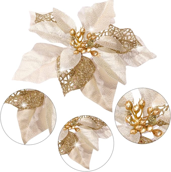 WILLBOND 36 Pieces Christmas Poinsettia Glitter Faux Flowers Christmas Artificial Flowers Tree Ornaments Topper Xmas Decorations(Gold)