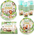 168 PCS Wild One Birthday Tableware Supplies, Disposable Plates Napkins Cups Knives Forks Spoons, Elephant Tiger Tableware Set for Jungle Safari Birthday Baby Shower Christmas Party Decor, Serves 24
