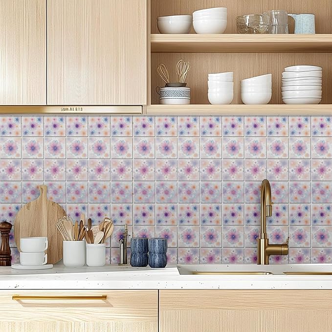 CHGCRAFT 36 Pcs 4 Style Wall Stickers Pastel Flowers Peel and Stick Wall Tile Sticker Crystal Dreamy Flower Waterproof Self Adhesive Stick on Tile Decals for Kitchen Bathroom Art Decor, 4×4 Inch