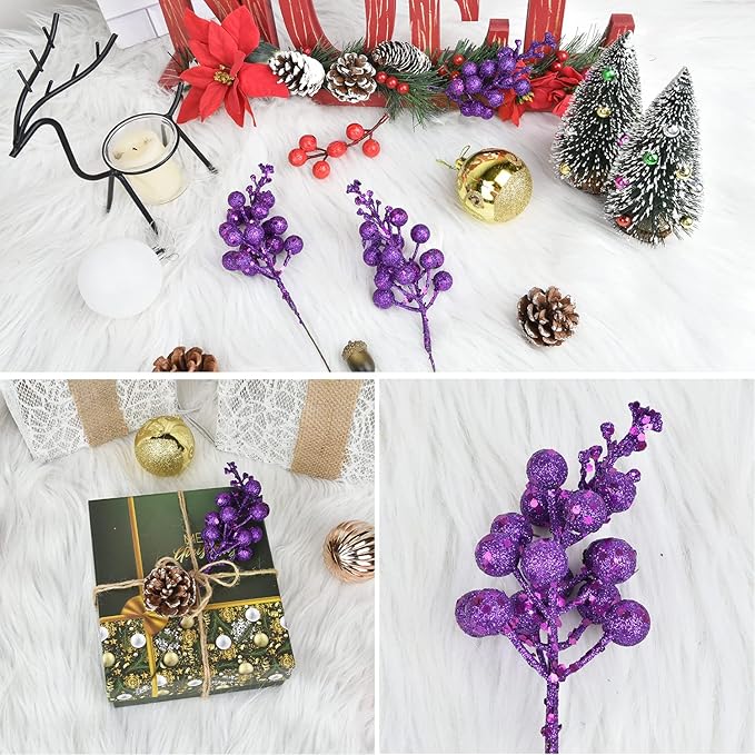 Lvydec 16pcs Christmas Glitter Berry Stems, 7.8" Artificial Christmas Picks for Christmas Tree Ornaments, DIY Xmas Wreath, Crafts, Holiday and Home Decor (Dark Purple)