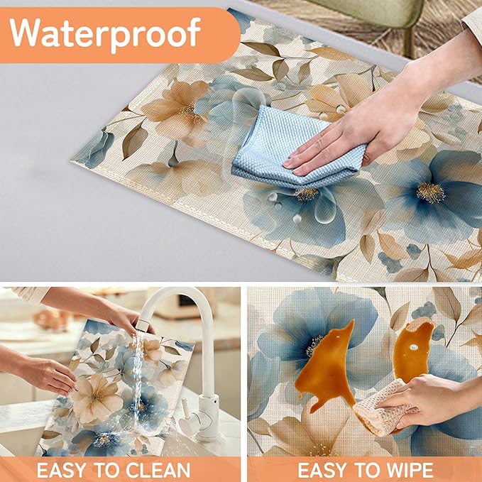 Blue Poppy Placemats Set of 6,Flowers Washable Kitchen Dining Linen Table Mats for Home Party Dinner Indoor Outdoor 12x18Inch