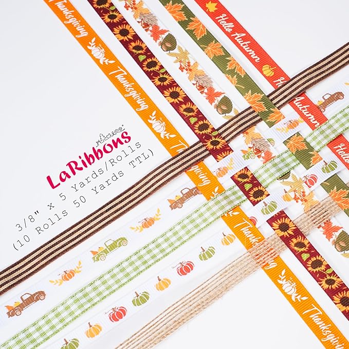 LaRibbons Fall Ribbons for Crafts 3/8 Inch x 5 Yards/Roll 50Yards TTL,Orange Green Yellow Plaid Ribbon for Autumn Wreath Thanksgiving Christmas Farm Gift Wrapping Home Decor