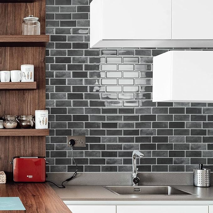 Art3d 10-Sheet Kitchen Backsplash Tiles Peel and Stick, Self Adhesive Wall Tile Sticker for Kitchen Island Bathroom Laundry Room RV Renter 12" x 12" - Smoky Black