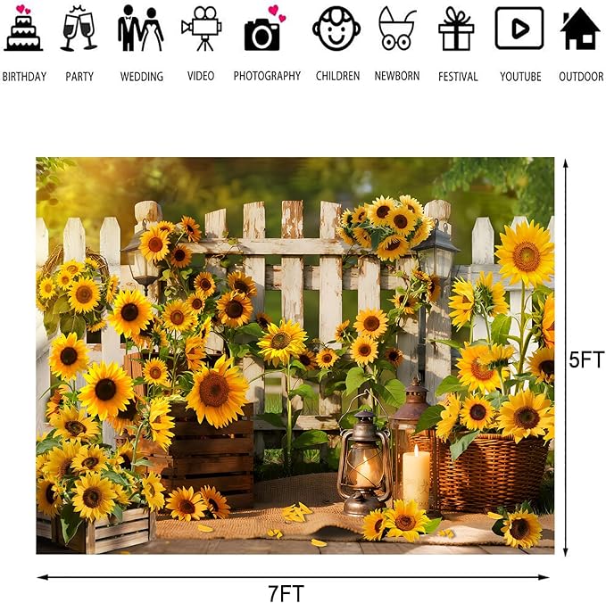 Rustic Sunflowers Backdrop Rustic Wooden Fence Sunflower Floral Photography Background for for Girls Woman Garden Party Banner Decoraitons Portrait Photo Booth Studio Props 7x5ft FU013DX