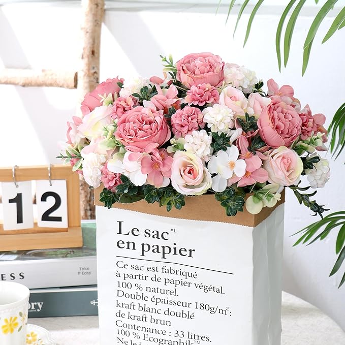 2 Bundles Pink Peonies Artificial Flowers Silk Flower Centerpieces for Tables Fake Flower Arrangements Bouquets Mixed Roses Hydrangea with Stems for Wedding Bridal Bouquets Home Table Decor