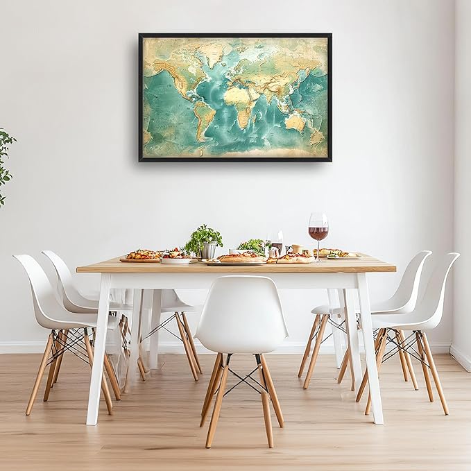 World Map Large Wall Art Framed Wall Decor for Living Room, Map Pictures Oversized Canvas Print Painting Modern Extra Large Framed Artwork for Bedroom Office Home Decor 36"x24"