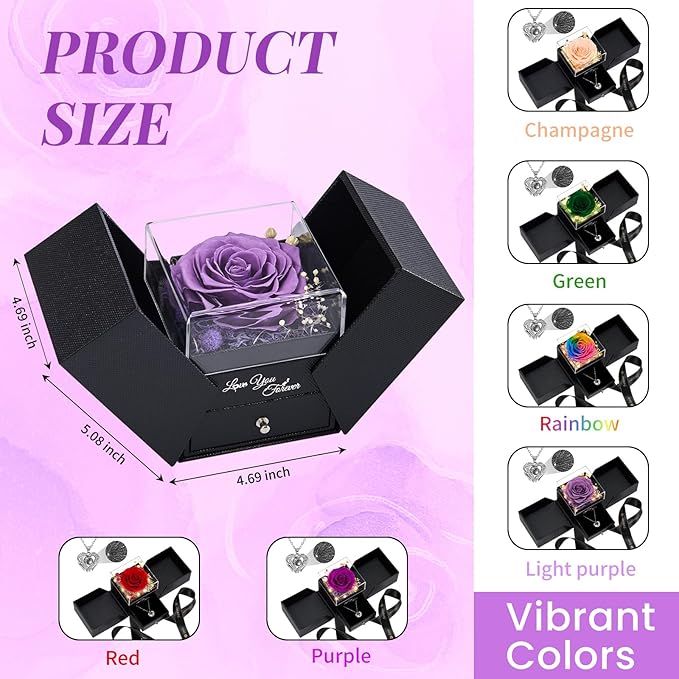 FIACO Gifts for Women Preserved Real Roses with I Love You Necklace Fresh Forever Flowers Birthday Gifts for Mom Grandma Wife Girlfriend on Anniversary Christmas Valentines Romantic Gift