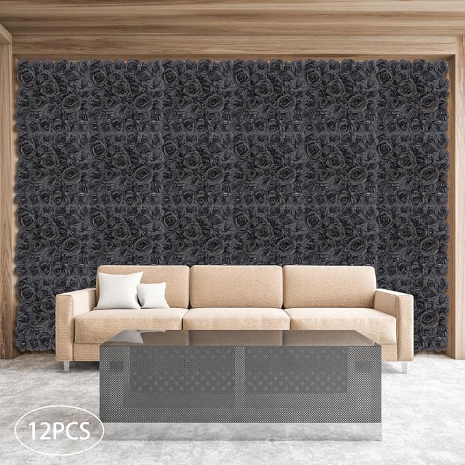 12 PCS Black Flower Wall Panels, 15x15inch Artificial Floral Wall Background Silk Flowers Panel Decoration, Faux Rose Backdrop for Home Party Wedding Anniversary Birthday