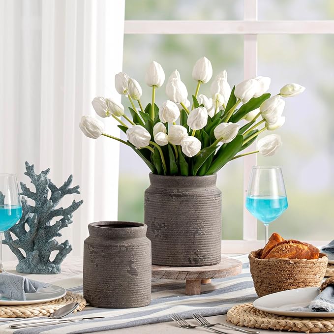 Ceramic Flower Vase 6.5 inch Farmhouse Rustic Vase for Home Decor Handcrafted Pottery Vase Small Terracotta Vases for Dining Table Fireplace Living Room Bathroom Wedding Centerpiece (02-Dark Brown)
