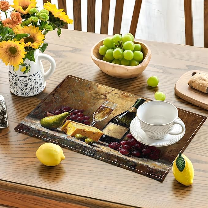 Wine Glass Placemats Set of 6, Rustic Country Winery Place Mats, Farmhouse Grape Dining Table Mats, Washable Placemats for Kitchen Dining Room Home Decor 18L'' × 12W''