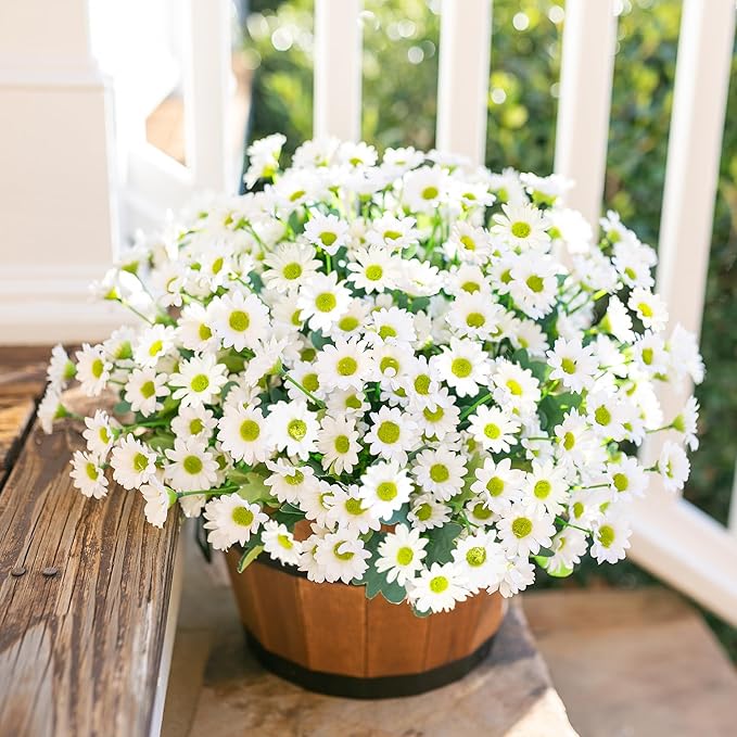 Daisy Artificial Flowers for Outdoors Winter Decoration, 6 Bundles Fake Mums White Silk Flowers for Outside Look Real UV Resistant Faux Flowers Plants for Planter Front Door Home Indoor Porch Urn