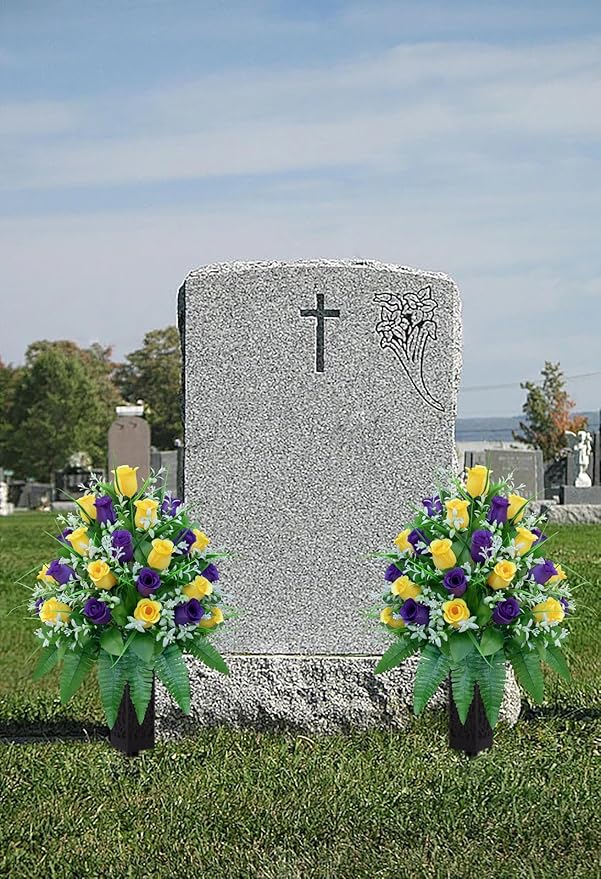 Artificial Cemetery Flowers, Gravesite Decoration Roses, Memorial Bouquets with Cemetery Vase, Vibrant and Long-Lasting Colors （ Yellow+Purple, 2 Bundles