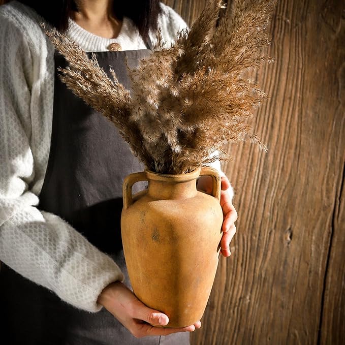 Ceramic Vase with Handle, 8.85 inch Tall Flower Vase for Centerpieces, Large Decorative Terracotta Vintage Vases, Farmhouse Rustic Vases for Home Decor, Living Room, Table, Neutral