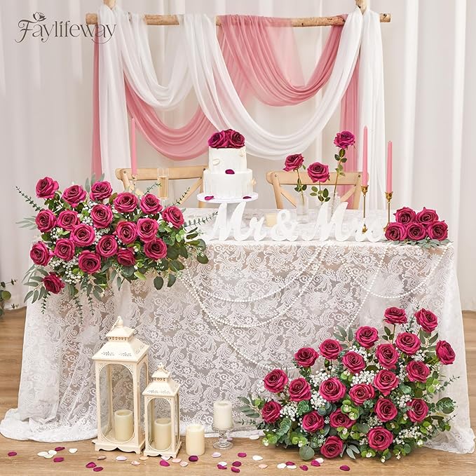 20PCS Artificial Roses Flowers, 3.9'' Silk Flower Head Fake Fuchsia Rose with Long Stems, Realistic Faux Roses Bouquet for DIY Wedding Home Party Office Decoration