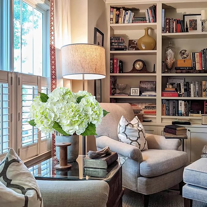 4 Pcs White/Green Real Touch Hydrangeas Artificial Hydrangeas Flowers Faux Latex Hydrangea for Kitchen Living Room Porch Fall Home Decor Baby Shower Party Wedding Xmas Table Centerpiece