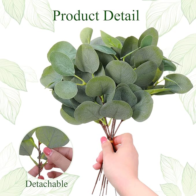 Giegxin 200 Pcs Artificial Eucalyptus Stems Leaves Bulk 11.8 Inches Tall Silver Dollar Eucalyptus Fake Greenery Stems Faux Plant for Floral Arrangement Vase Gray Green Leaves Decor Wedding
