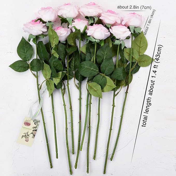 FiveSeasonStuff Fake Roses Wedding Flowers Real Touch Silk White & Pink Artificial Flowers 12 Stems