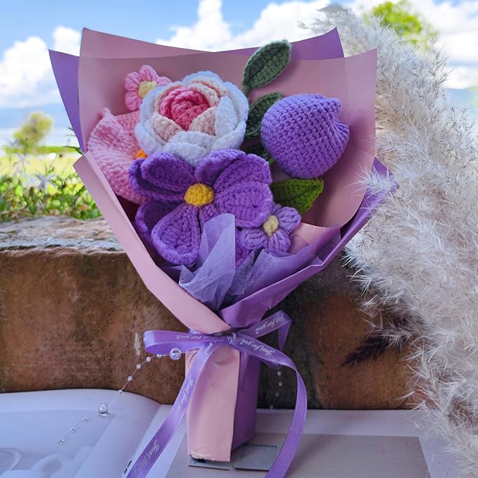Crochet Flower Bouquet Pink Rose, Purple Tulip,Handmade Knitted Flowers for Birthday, Wedding, Anniversary, Graduation Gift for Her, Girlfriend, Wife, Womeng (Pink & Purple)