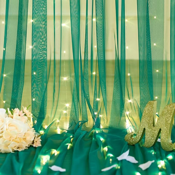 10ft x 10ft Hunter Green Tulle Photo Backdrop Curtain with Lights String for Christmas Party Sheer Curtain Backdrop Drapes for Birthday Party Holiday Wedding Photo Booth Background Room Decorations
