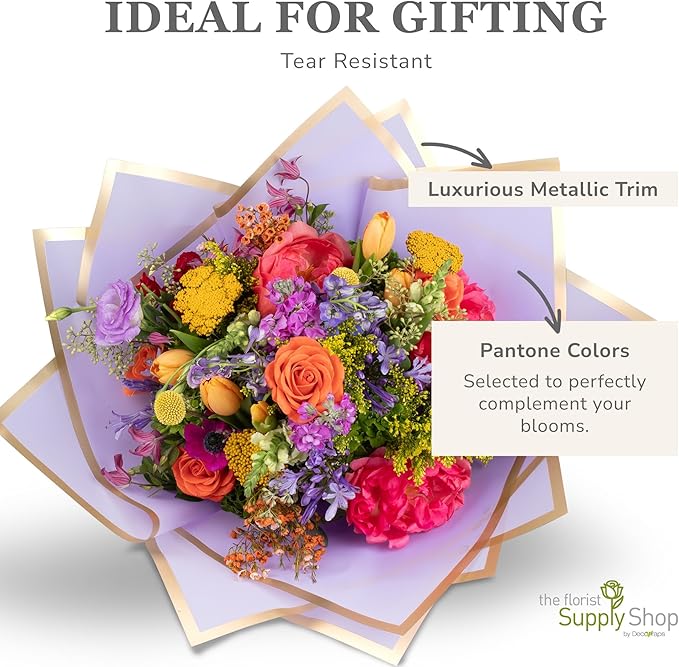 the florist Supply 20 Sheets Premium Flower Wrapping Paper | Waterproof Flower Wrapping Paper for Bouquets | Double Sided Floral Bouquet Sheets | DIY Gifts Borderline Lavender/Gold