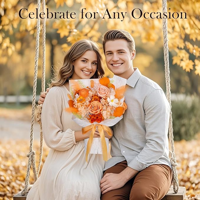 Preserved Flowers Bouquet - Forever Flowers for Delivery, Eternal Roses Bouquet That Last 3 Years, Flower Gifts for Women Mother Mom Girlfriend Wife Anniversary Birthday Present for Her, Light Orange