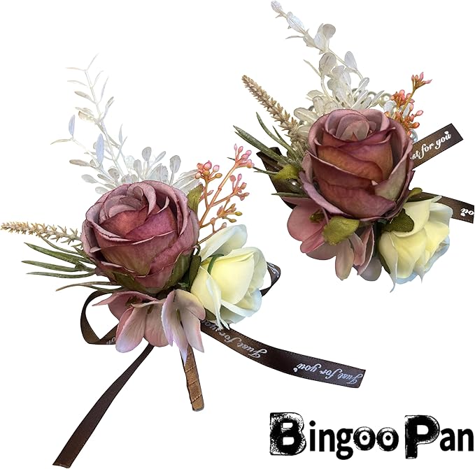 Corsage and Boutonniere Set Corsage Wistlet Dusty Red Corsage Wrist Artificial Flower Perfert for Proms | Weddings for Bride,Bridesmaids, Groom,Groomsmen Decor (Dusty Red)