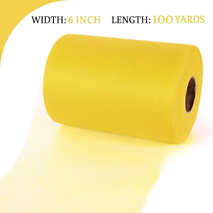 Yellow Tulle Mesh Ribbon 6 Inch x 100 Yards(300ft) Netting Spool Fabric Ribbon Ideal for Tutu Skirt Art Gift Wrapping Flower Bouquet Crafts Weddings Floral Arrangements