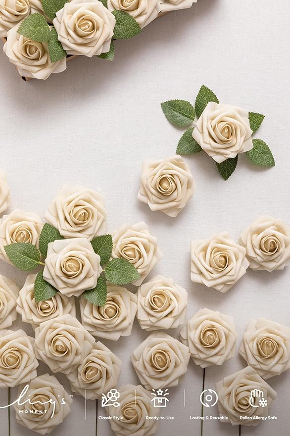 Ling's moment Artificial Flowers 25Pcs Tawny Beige Roses Decor w/Stems,3" Real Touch DIY Foam Floral for Wedding Bouquet/Centerpieces, Outdoors Party Backdrop, Room/Table, and Garden/Pot Decorations