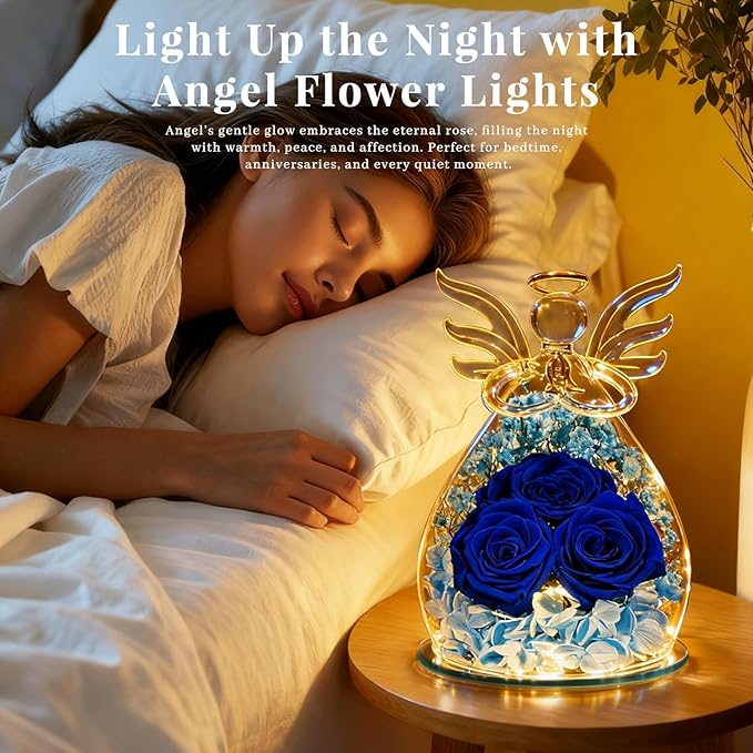 Beferr Christmas Birthday Gifts for Women, Mom Gifts for Christmas Fresh Flowers for Delivery Prime Forever Preserved Rose in Glass Angel Figurine Xmas Gifts for Grandma Wife Sister Her, Dark Blue