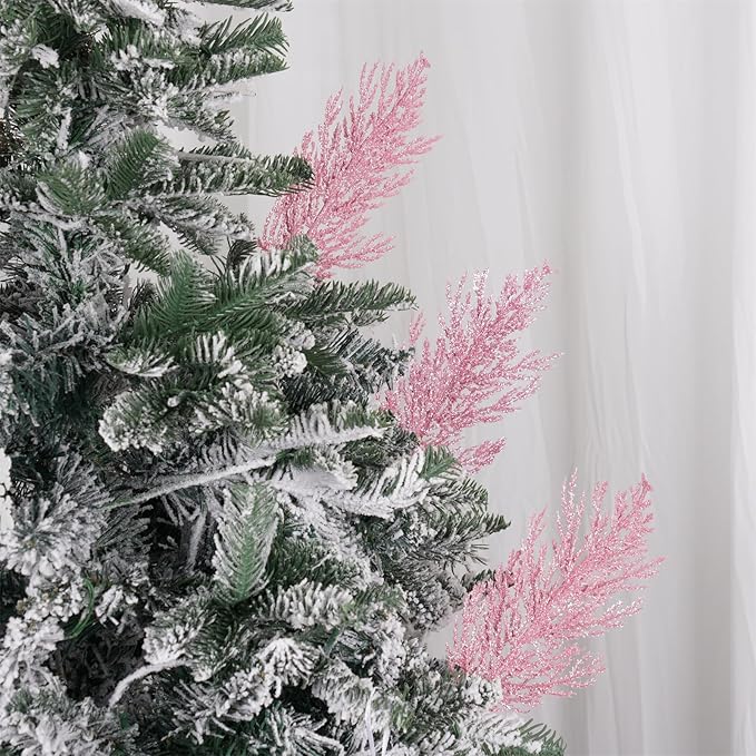 Christmas Glitter Stems 24pcs Artificial Pine Tree Picks for Christmas Tree Ornaments fillers, DIY Xmas Wreath, Crafts, Garland, Holiday, Party, Wedding and Home Decoration (Pink)
