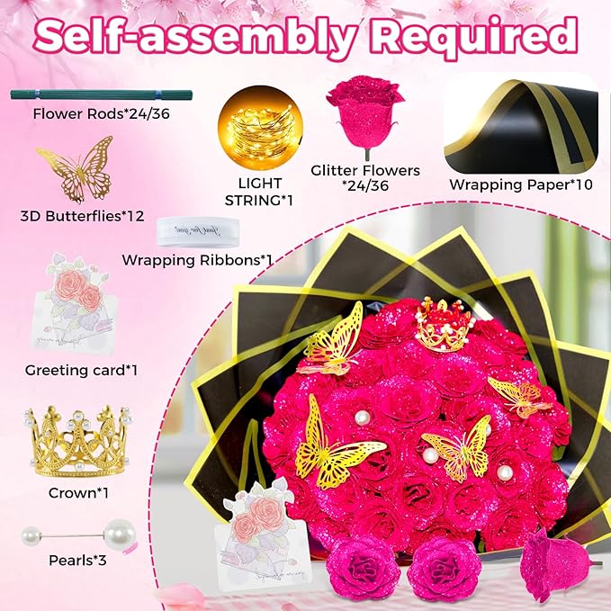 Rose Pink Glitter Roses Bouquet, 36 Pcs Shiny Glitter Flowers Bouquet, Everlasting DIY Artificial Roses Bouquet for Christmas, Birthday, Anniversary, Wedding, Engagement