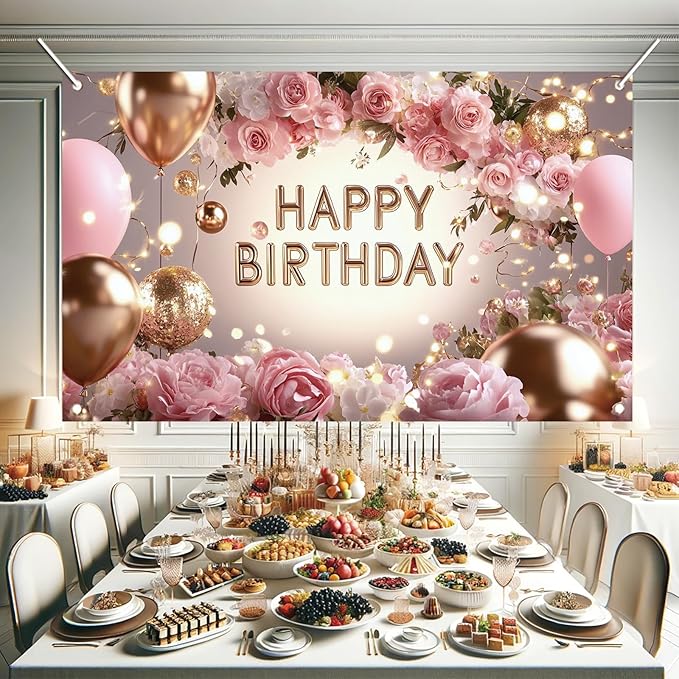 Pink Rose Happy Birthday Backdrop Banner Gold Glitter Crown Photography Background Women Girls Birthday Party Decoration Balloon Gift Floral Banner Photo Booth Props 71x43 Inch