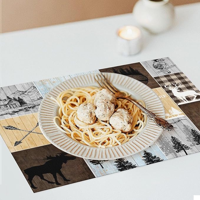 Rustic Lodge Bear Deer Placemats 4 Pcs,Vintage Cabin Pine Cone Plaid Place Mats,Linen Dining Table Mats Home Kitchen Decor, 18 X 12 Inch 4 PCS, Style-22