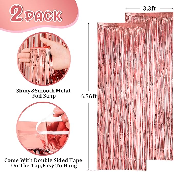 2 Pack Rose Gold Tinsel Foil Fringe Curtains, Rose Gold Party Decorations, Metallic Tinsel Party Streamers Backdrop for Birthday Baby Shower Graduation Wedding Party Decorations