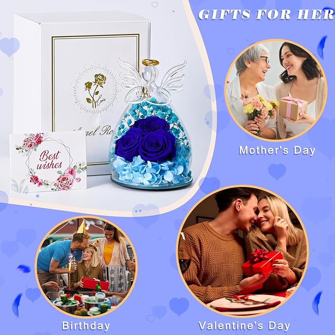 Beferr Christmas Birthday Gifts for Women, Mom Gifts for Christmas Fresh Flowers for Delivery Prime Forever Preserved Rose in Glass Angel Figurine Xmas Gifts for Grandma Wife Sister Her, Dark Blue