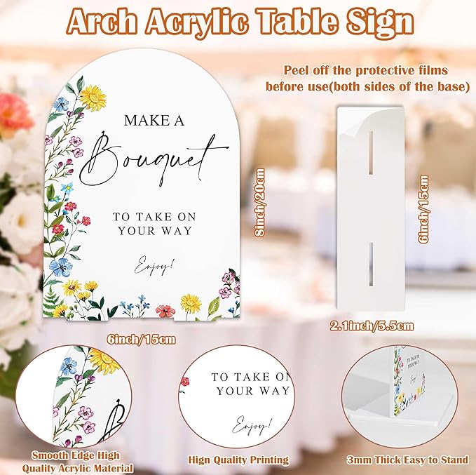 Acrylic Wedding Signs Make A Bouquet Sign for Reception, 6x8" Floral Themed Arch Acrylic Table Decor, Flower Bar Supplies, Love Is In Bloom Decorations for Baby Shower Bridal Shower Engagement Party