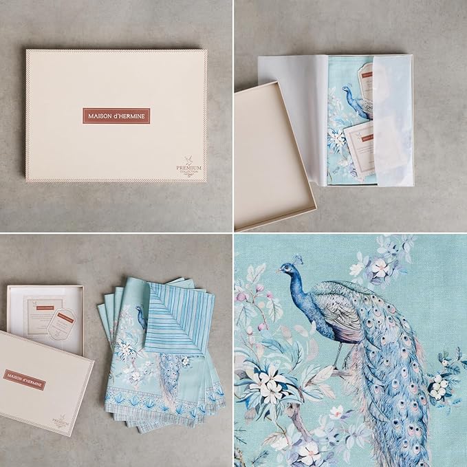Maison d' Hermine Placemat 100% Combed Cotton Premium Set of 4 Decorative Washable Place Mats Table Cloth Placemat, Dining & Camping - Peacock Utopia - Pastel Turquoise(13"x19")