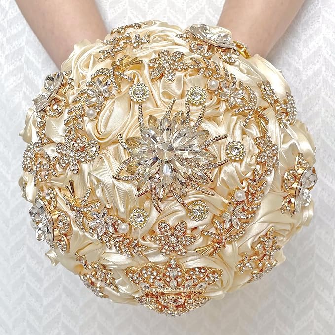 Handmade Satin Rose Floral Bling Pearl Decor Bridal Wedding Bouquet Rhinestone Pendant Artificial Brooch Flowers for Bride Bridesmaid Quinceanera