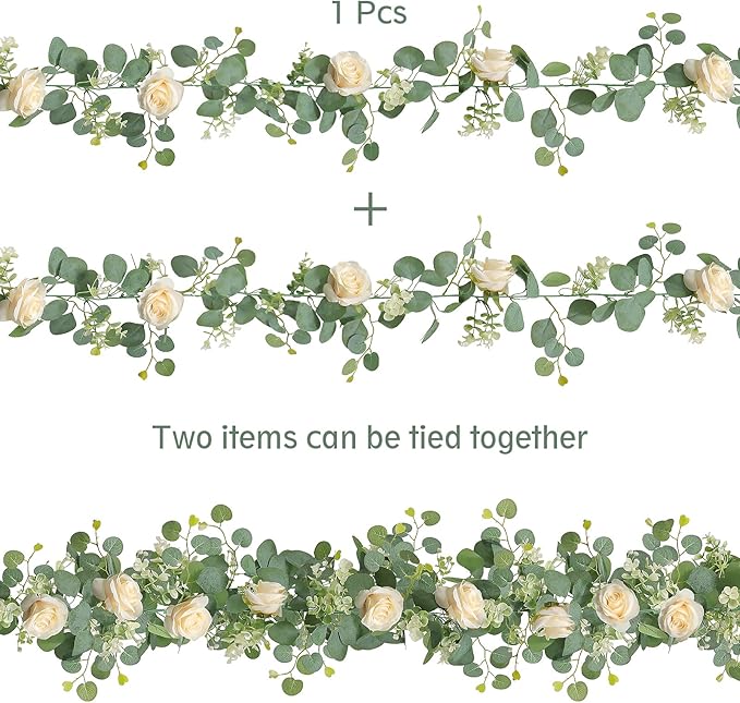 TOCHGREEN 2Pcs(13 Ft) Artificial Eucalyptus Flower Garland with Champagne Rose Flowers,Faux Rose Vine Gypsophila,Floral Greenery for Home Wedding Table Decor (Champagne, 2PCS)